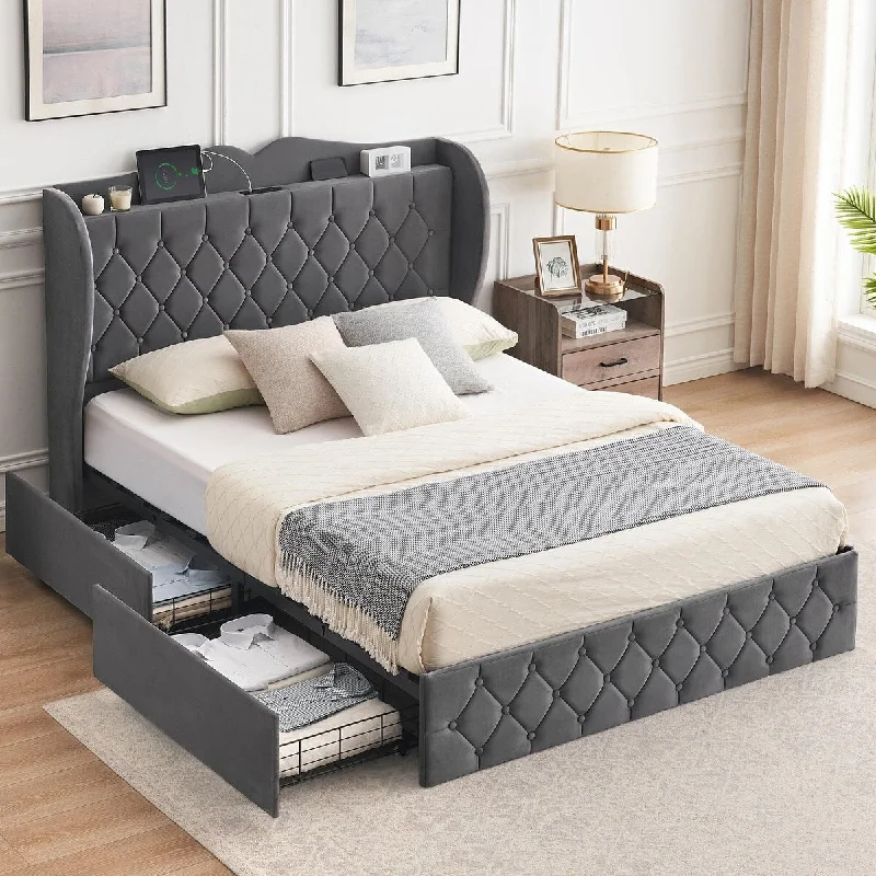 Queen Bed Frame with 4 Storage Drawers