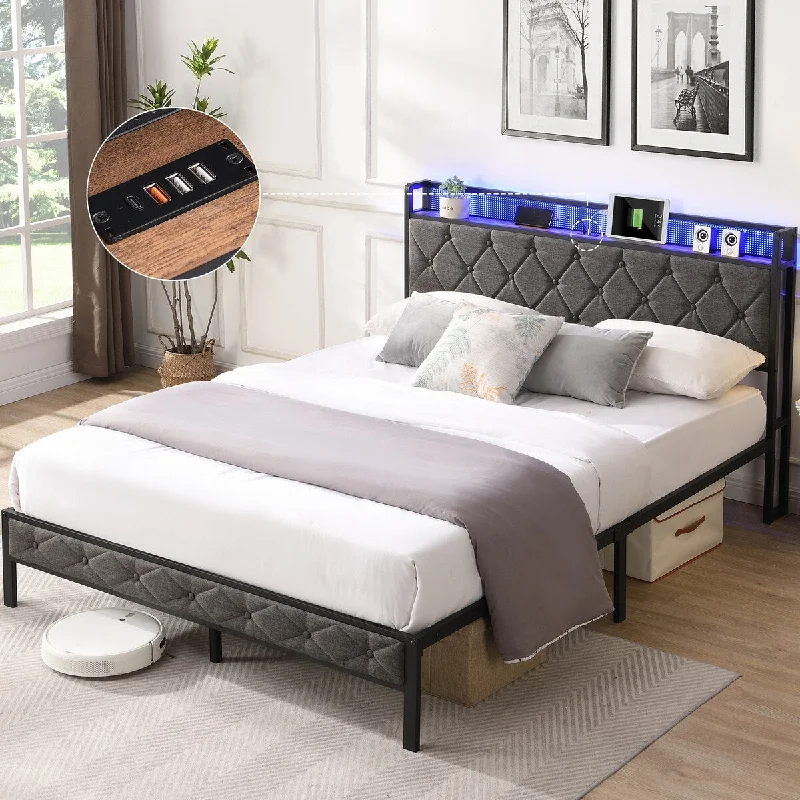 Queen Bed Frame with Charging Station and LED Lights, Upholstered Platform Bed with Heavy Metal Slats, No Box Spring Needed