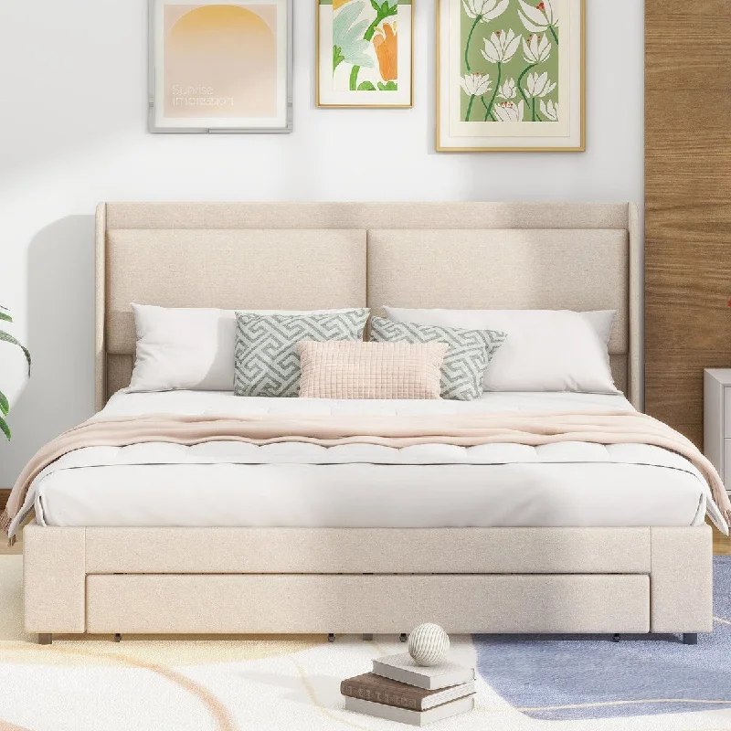 Queen Size Lift Up Platform Bed with Hydraulic Storage Frame and 2 Drawers, Beige Bread-like Upholstered Headboard, Space Saving