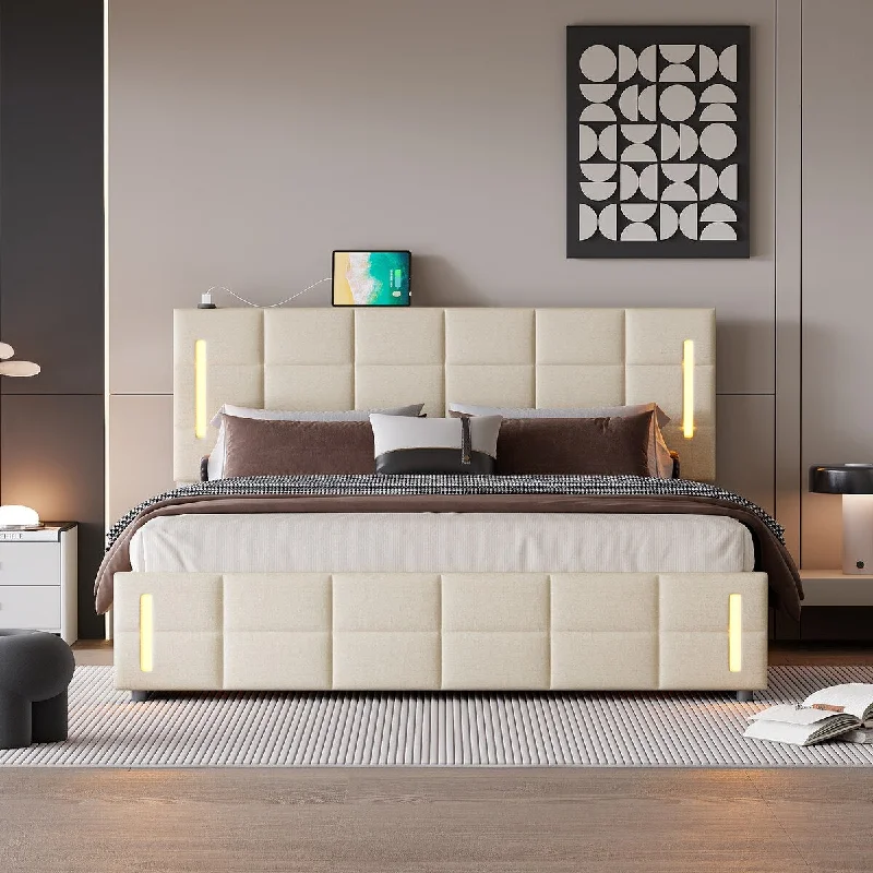 Queen Upholstered Bed with Hydraulic Storage System & LED Light