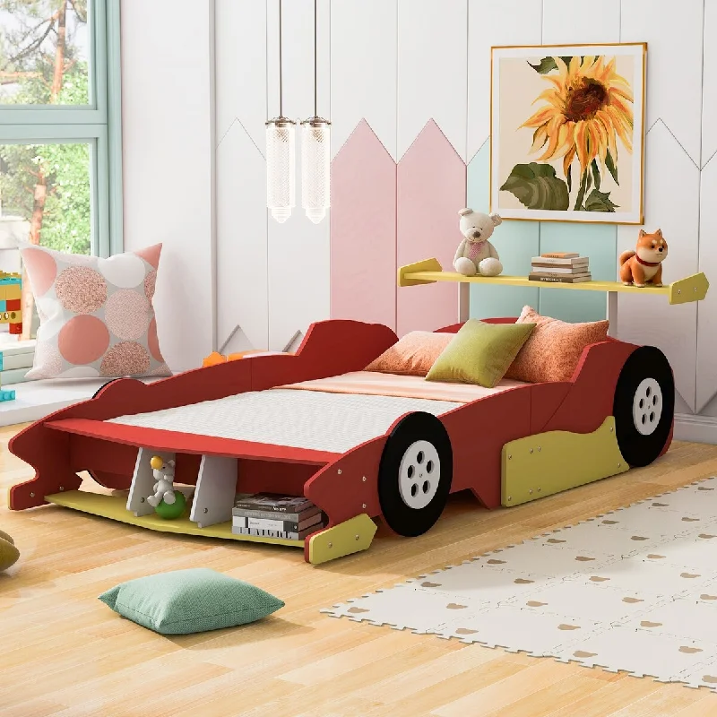 Red Full Size Solid Wood Race Car-Shaped Platform Bed with Headboard, Wheels, and Storage Rack