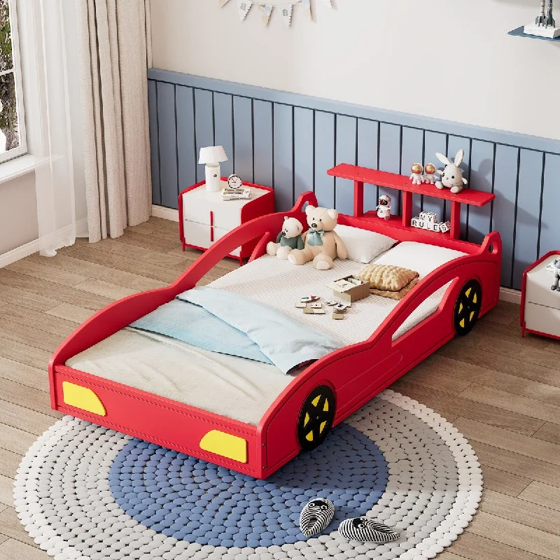 Red Twin SizeVibrant Race Car Bed for Teens - Car-Shaped Platform Bed with Storage Rack, Safety Rails, and Easy Assembly