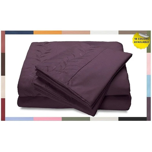 Reversifi Embroidered Bed Sheets Set Soft Brushed Microfiber Full, Hortensia/ Purple