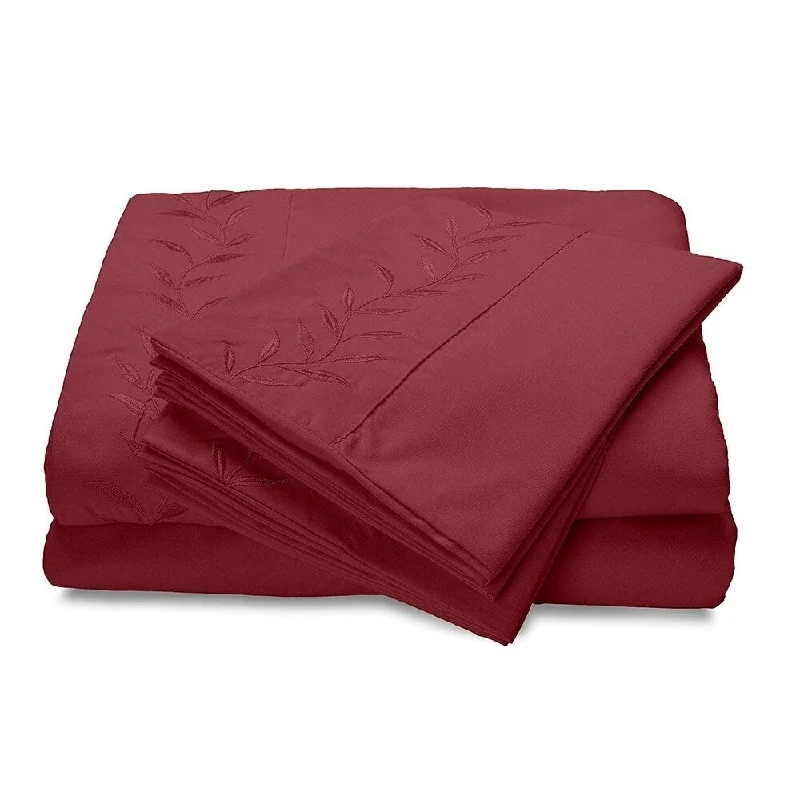 Reversifi Embroidered Bed Sheets Set Soft Brushed Microfiber Queen, Ruby Wine