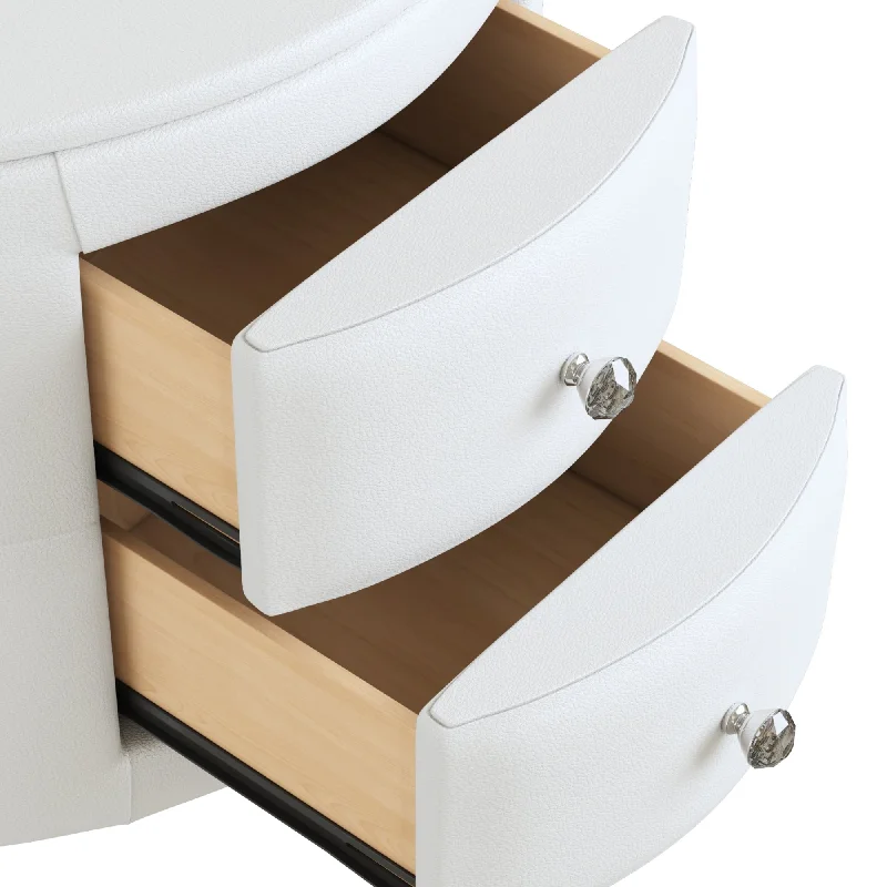 Round Nightstand with 2 Crystal Handle Drawers, PU Accent Side Table with Storage Nightstand, White Bedside Table with Metal Leg