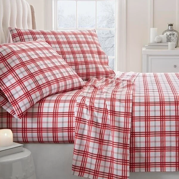 Soft Essentials Premium Christmas Plaid 4 Piece Flannel Bed Sheet Set