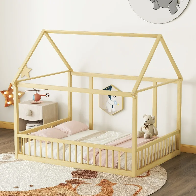 Stylistic Elements Full Size Floor Wooden Kids Bed with House Roof Frame and Safety Guardrails, Natural