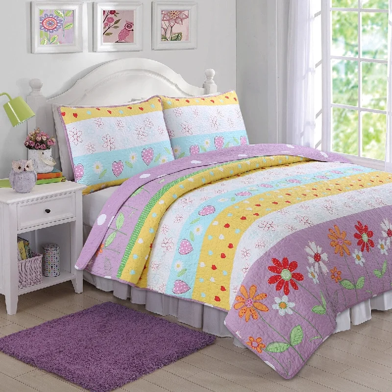 Taylor & Olive Purple/ White Floral Heart Reversible Quilt Bedding Set