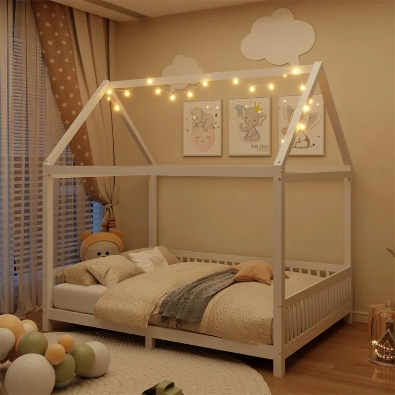 Twin/Full Size House Bed with LED Light and Guardrails, Solid Wood Kids Montessori Bed with Roof Frame and Slats Support