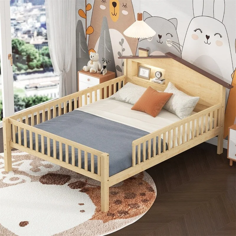 Twin/Full Size House Platform Bed with LED Light and Fence Guardrails, Wooden Kids Bed Frame with House Shaped Headboard