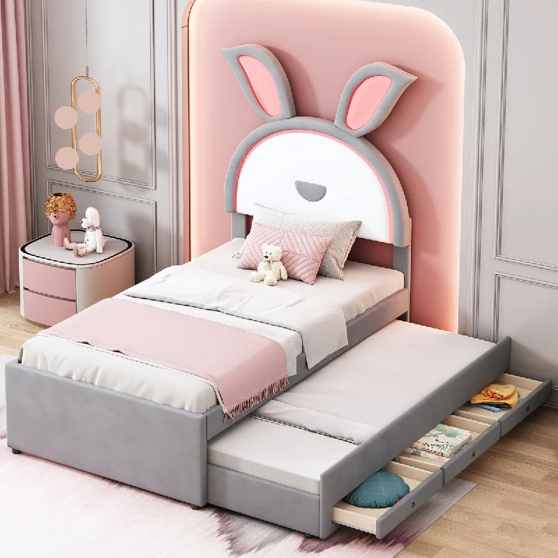 Twin Size Kids Bed with Trundle Rabbit-Shaped Headboard, Gray