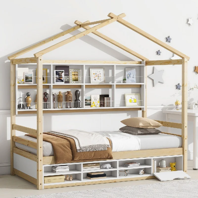 Twin Size Wooden House-Shaped Platform Bed with Roof Frame, Bedside-Shelves and Under Bed Storage Unit