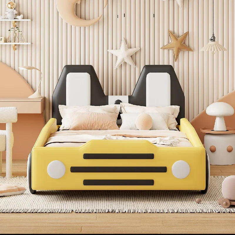 Unique design Wooden Twin Size Race Car-Shaped Kids Bed Platform Bed with Wheels, Yellow