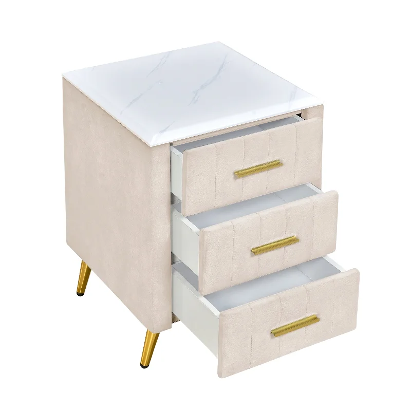 Velvet Upholstered Nightstand with 3 Drawers, Metal Legs & Handles, Bedside Table with Marble Worktop Storage Cabinet - Beige