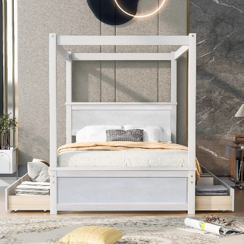 White Full Canopy Platform Bed with Drawers