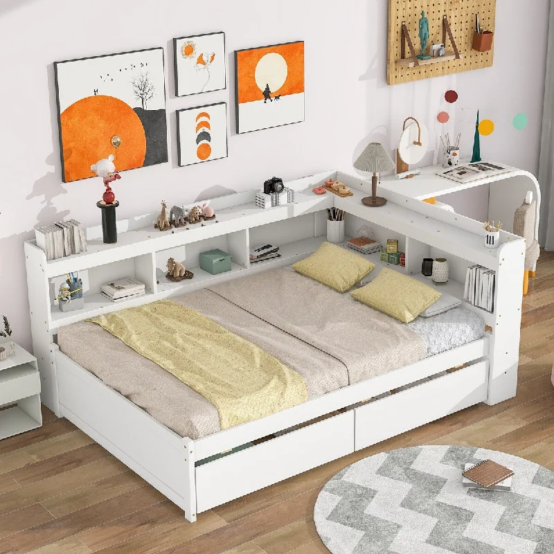 White Full Size Bed with L-Shaped Bookcase and Storage Drawers, Space-Saving Design