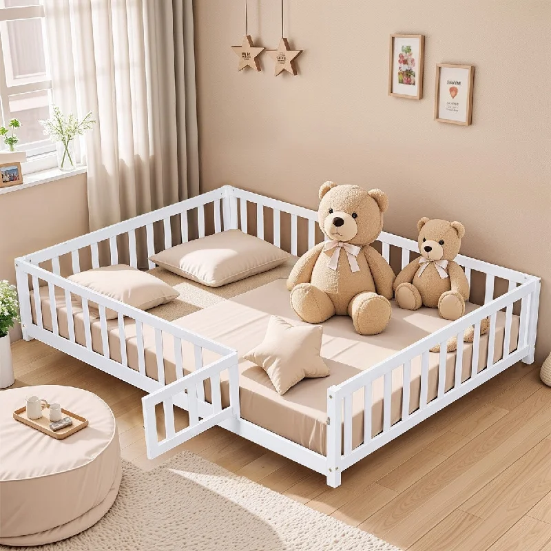 White Full Size Montessori Floor Platform Bed with Fence and Door for Kids, Made from Sturdy Wooden Bed Frame