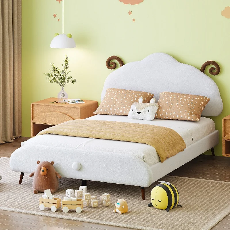 White Full Size Upholstered Platform Bed with Animal Shaped Headboard