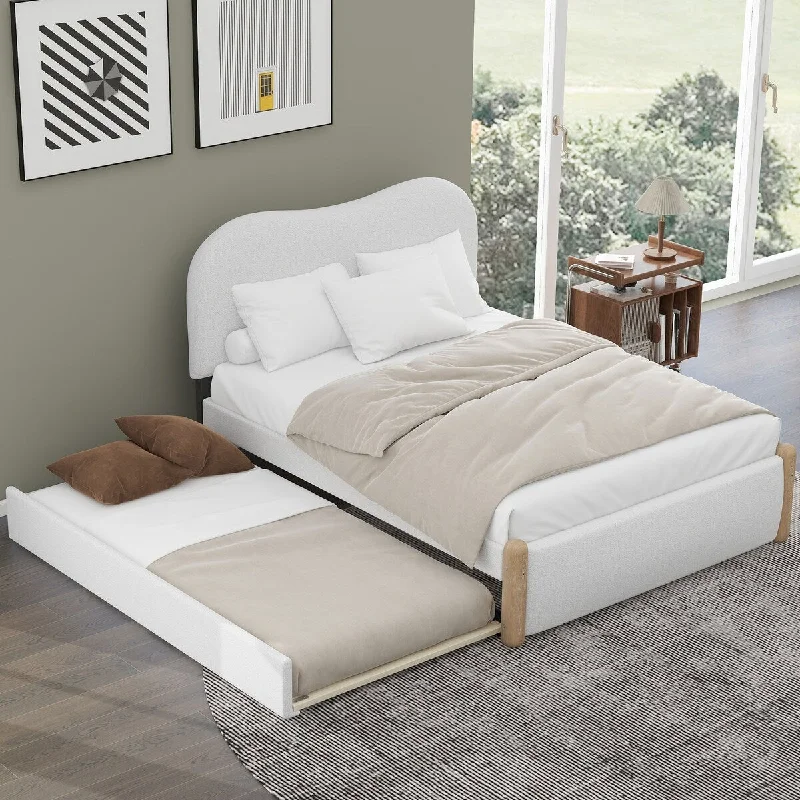 White Full Size Upholstered Platform Bed with Headboard, Trundle, and Wooden Feet