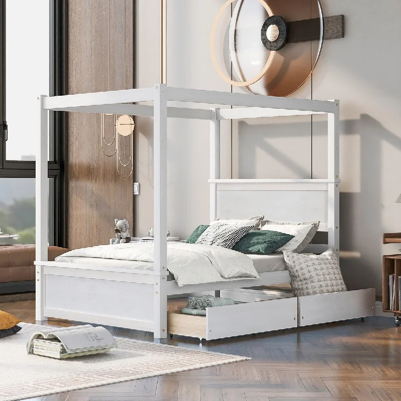 White Full Size Wood Canopy Bed with 2 Drawers - Modern Design for Stylish Bedrooms, Brushed //