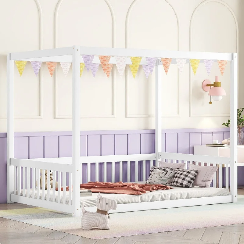 White Full Size Wood Canopy Bed with Safety Rails