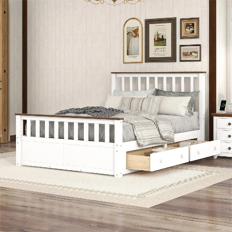 White Full Size Wood Platform Bed with Two Underbed Drawers - Classic Design for Timeless Elegance