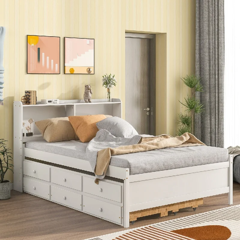 White Full SizeEspresso Bed with Bookcase, Trundle, Storage Drawers