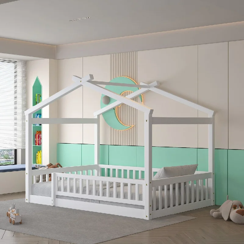 White Full SizeWooden House Bed with Attached Fence, Featuring Playhouse Design