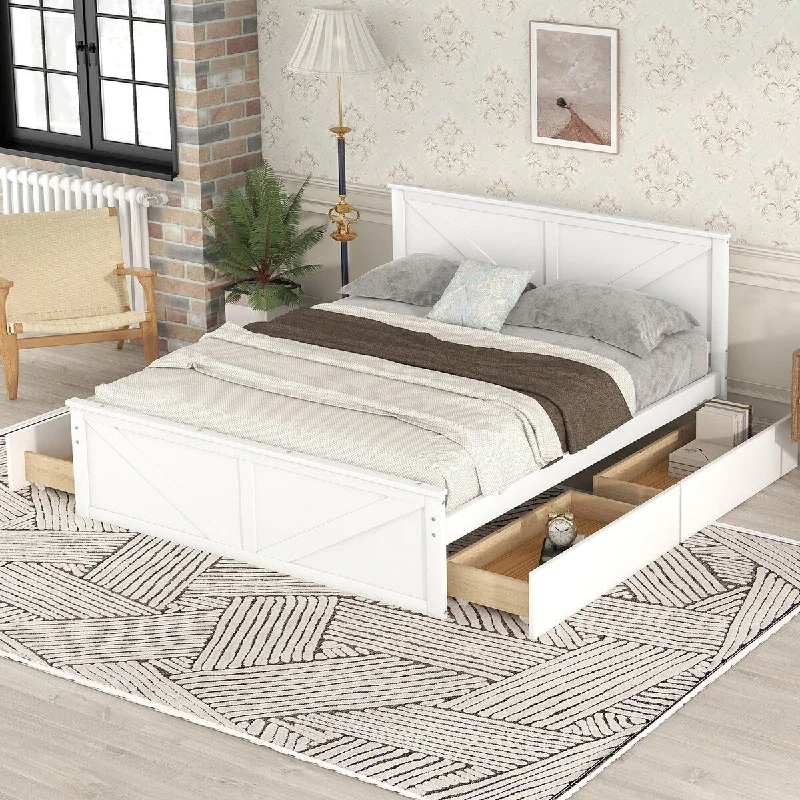 White Queen Size Wooden Platform Bed with Four Storage Drawers and Support Legs