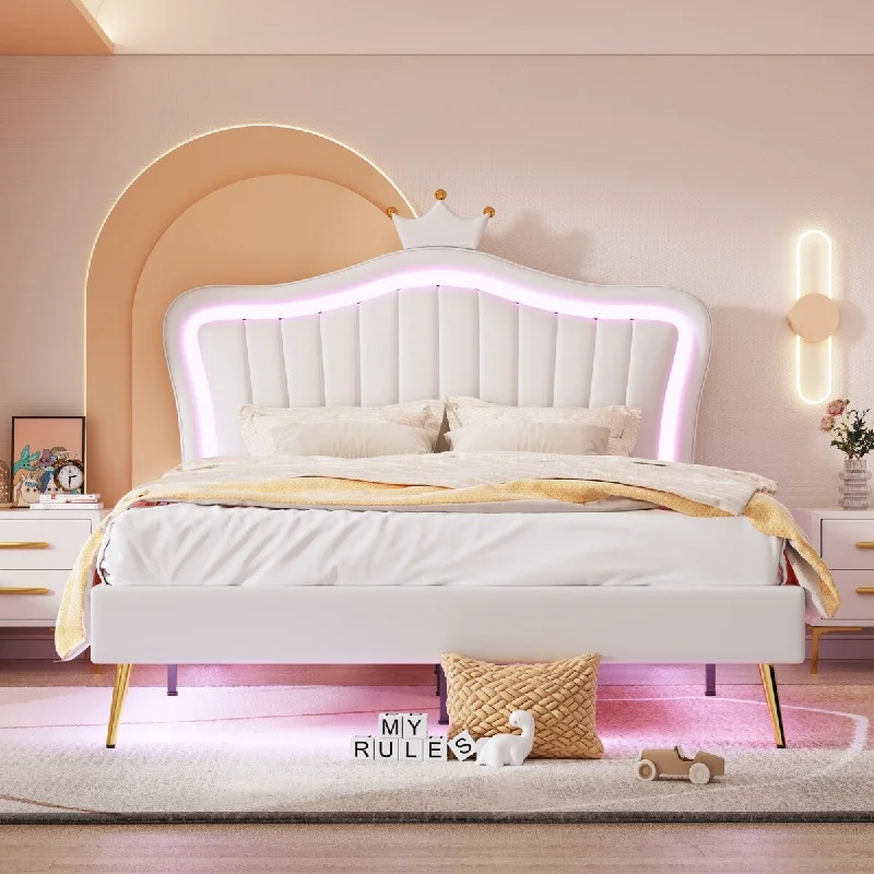 White Queen SizeModern Upholstered Bed Frame with LED Lights and Crown Headboard