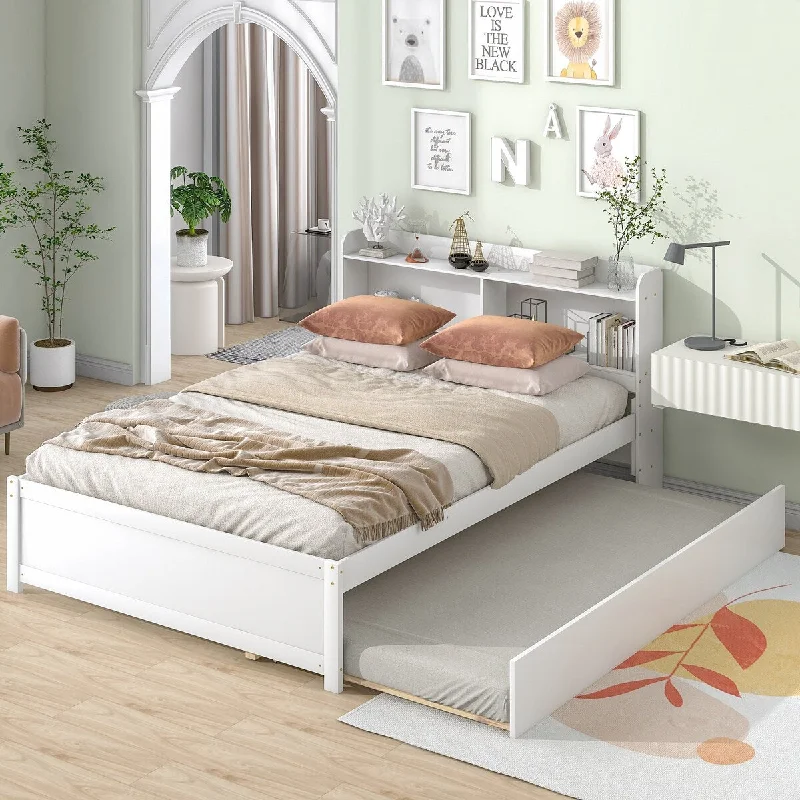 White Twin Size Solid Wood Platform Bed with Trundle and Storage Headboard