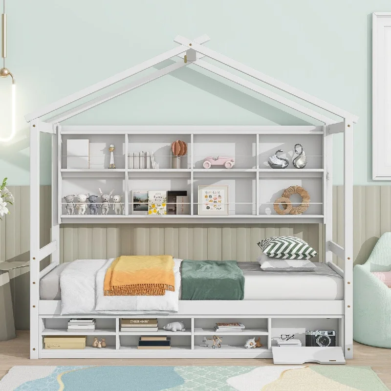 White Wood Twin House Bed with Roof