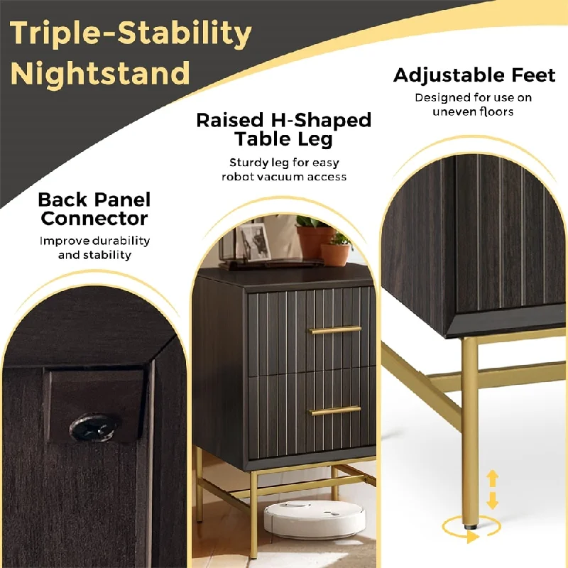 Wooden Brown Nightstand Small Cabinet Side Tables with 2 Drawers, Golden Handles & H-shaped Table Legs, Bedroom Night Stand