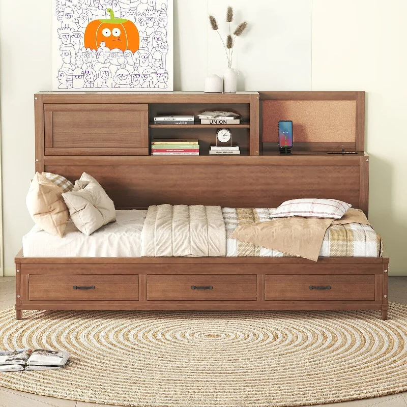 Wooden Daybed Captains Bed with Guardrail Cabinet, Pushable Top Shelf, Upper Soft Board, 3 Drawers Storage Bed, Sockets, Ports